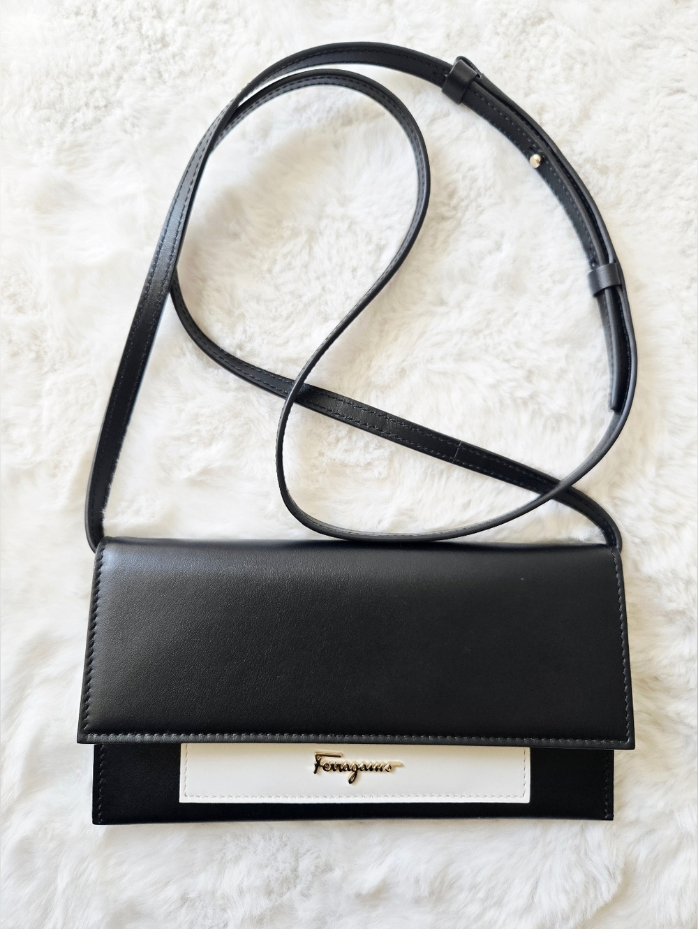 Salvatore Ferragamo Black and White Leather Slim Flap Crossbody